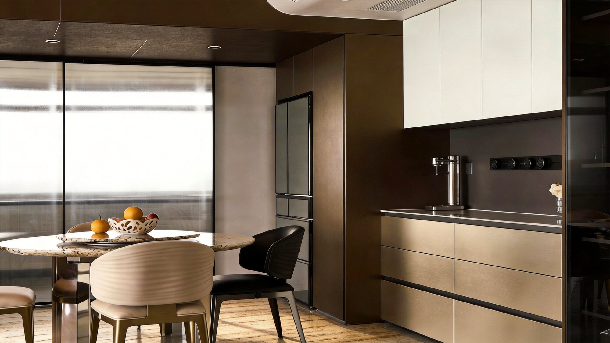 Contemporary fitted kitchen with wood cabinetry and marble dining table